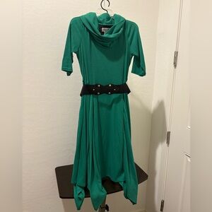 Green Cowl Neck Dress with Black Belt